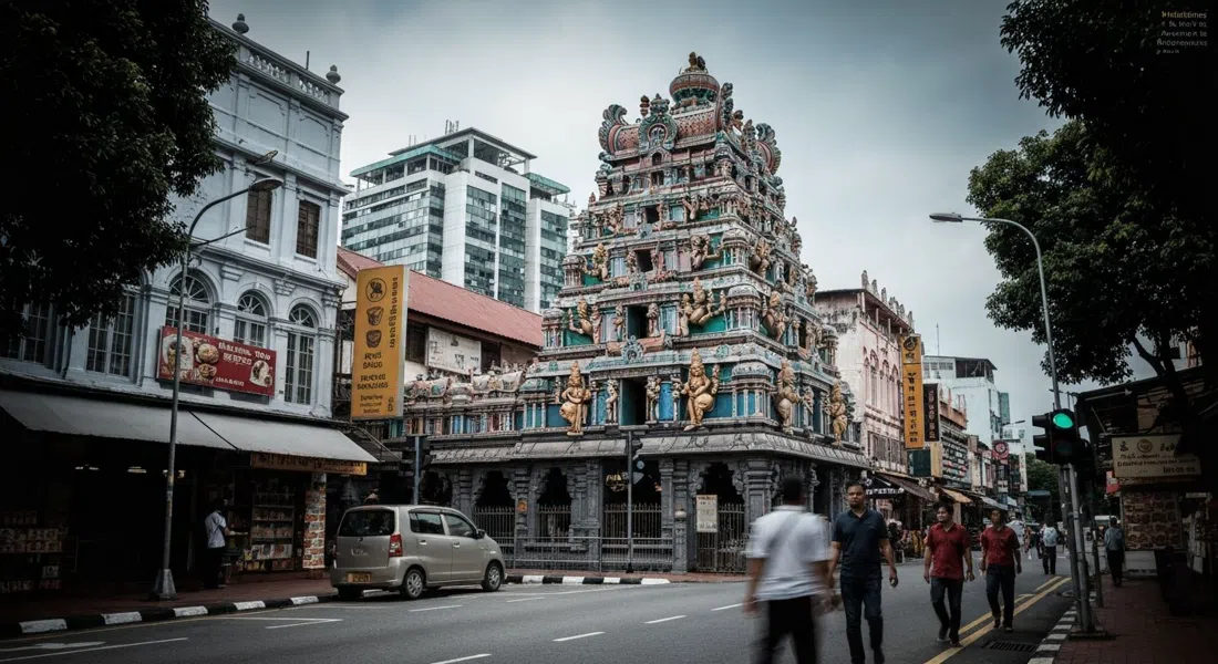 the ornate gopuram of Sri Mahamariamman Temple on Jalan Tun H S Lee, sculpted deities rising above the street in daylight