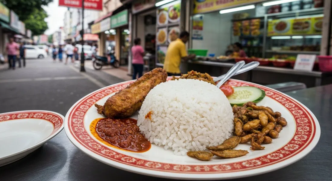 a plate of nasi lemak paru and sotong at Nasi Lemak Wanjo, coconut rice, sambal and sides arranged cafeteria-style under bright shop lights