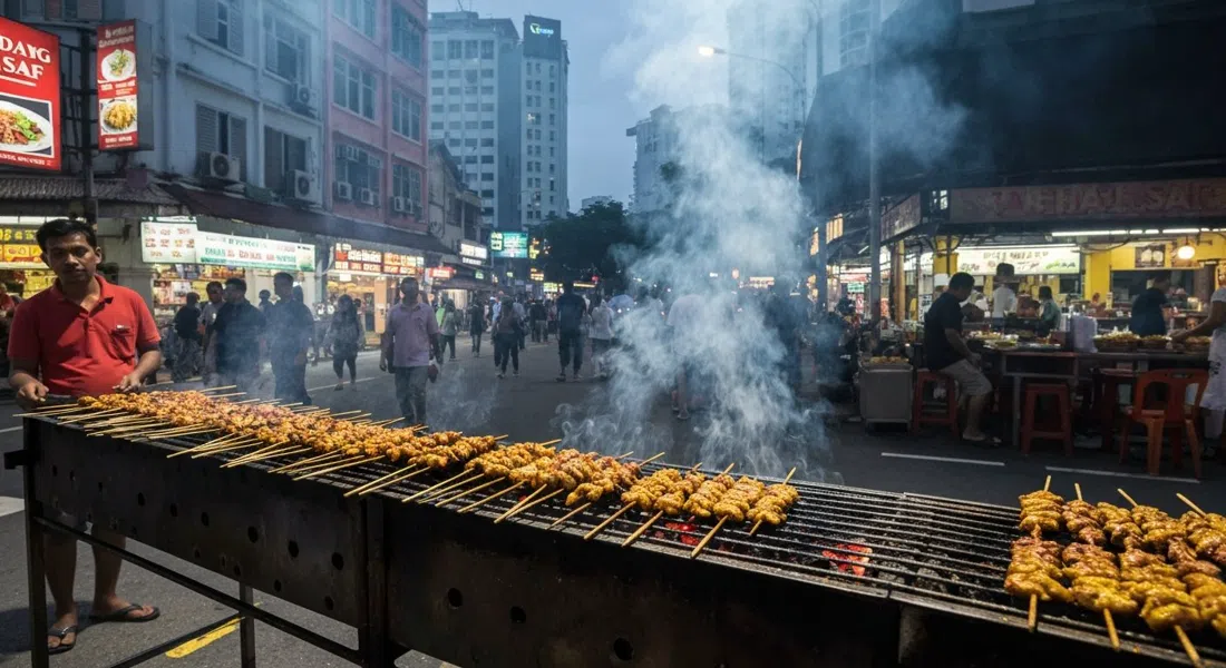 evening satay grilling at Sate Padang Pak Saf near the Jalan Hassan Salleh junction, skewers over glowing charcoal with smoke drifting into the street