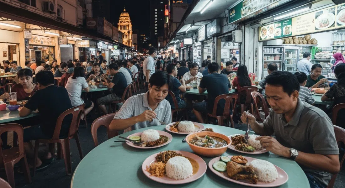crowded tables at Wan Suraya on Jalan Raja Alang, plates of nasi kerabu, ayam percik and nasi kukus under warm night lighting