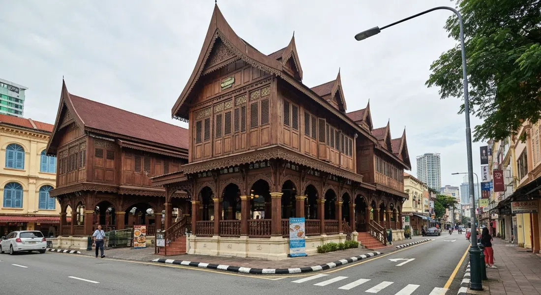 the timber replica of Sultan Sulaiman Club on Jalan Dewan Sultan Sulaiman, seen from the street with traditional Malay architectural details in soft daylight
