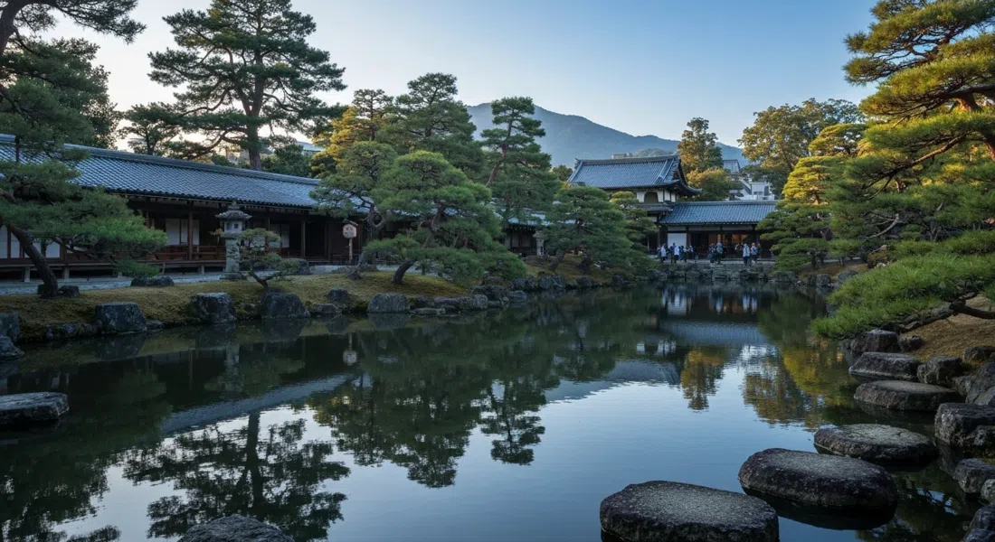 Tenryu-ji’s Sogen-chi garden in soft morning light, the pond reflecting borrowed scenery from Mount Arashiyama with raked stones and pine silhouettes