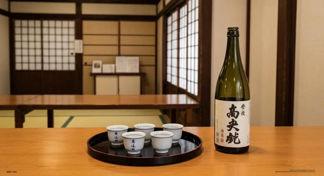 a tasting tray at Gekkeikan Okura Sake Museum, small sake cups beside a take-home bottle in a restored 1909 kura interior