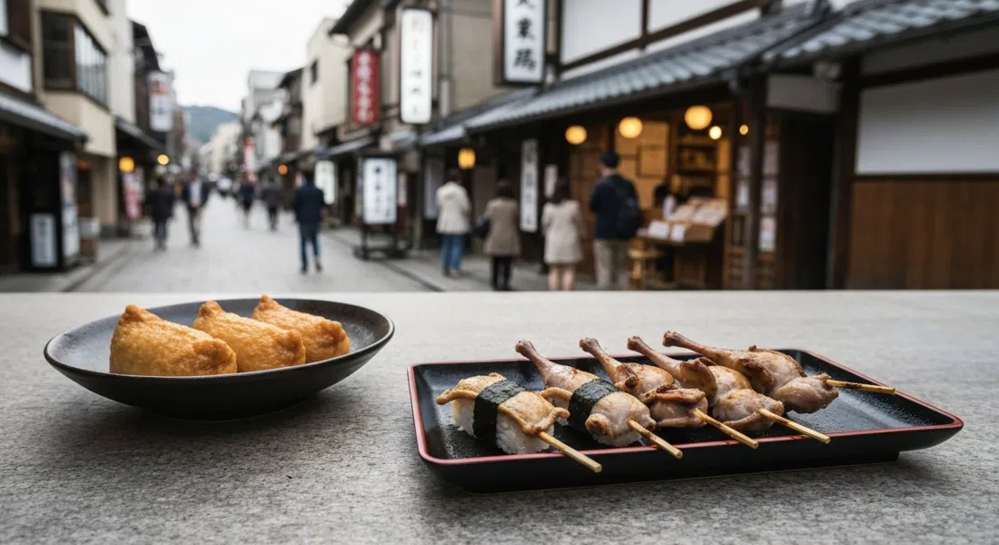 skewered quail and inari sushi at Nezameya on the Fushimi Inari approach, the food set on a simple tray in warm late-afternoon light