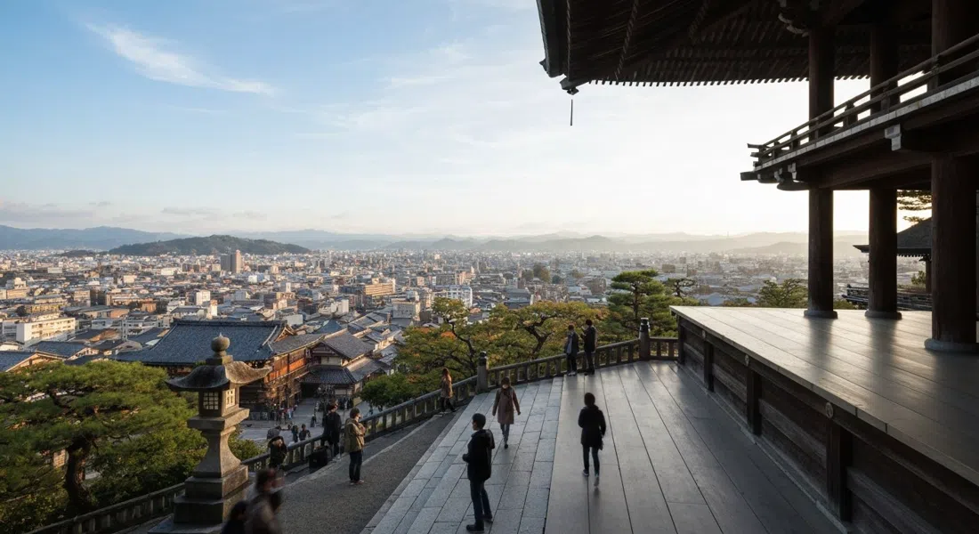 Kiyomizu-dera’s wooden stage over the hillside in early morning light, Kyoto spread below and the temple pillars visible underneath