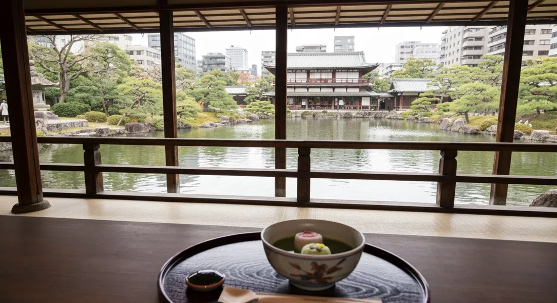 a bowl of matcha and wagashi at Toji-in, placed on the veranda overlooking the pond garden in soft late-morning light