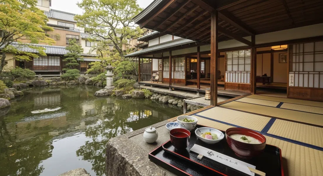the rustic low-slung dining room and garden pond at Okutan Nanzenji, with a yudofu set meal served beside the water in soft natural light