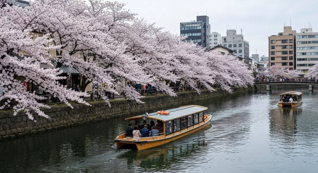 the Okazaki Jikkokubune canal boat on a calm stretch of the Lake Biwa Canal in cherry season, passengers under pale blossoms with water reflecting the trees