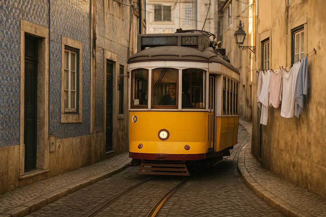 the number 28 tram squeezing through Alfama’s narrow cobbled lane, yellow carriage inches from tiled house fronts and hanging laundry in late afternoon light
