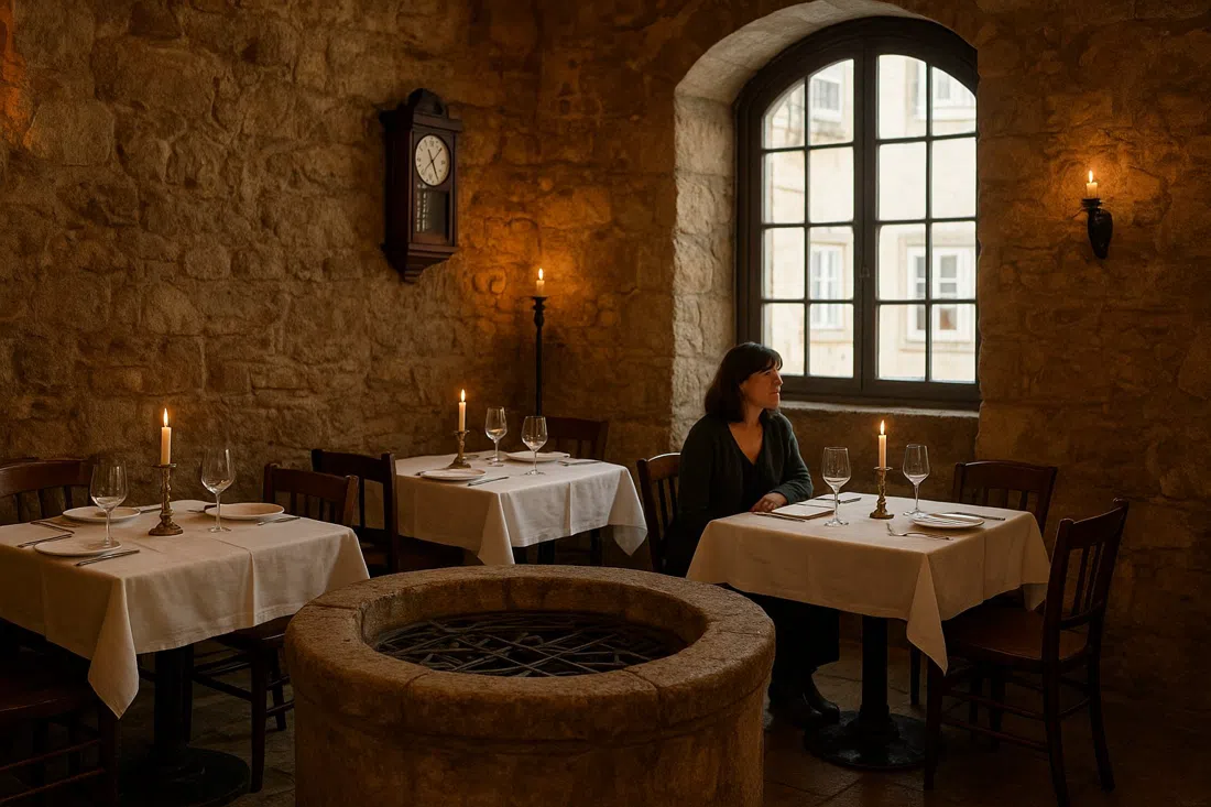 the stone-walled dining room at Clube de Fado, an old Moorish well visible beside candlelit tables before the first performance