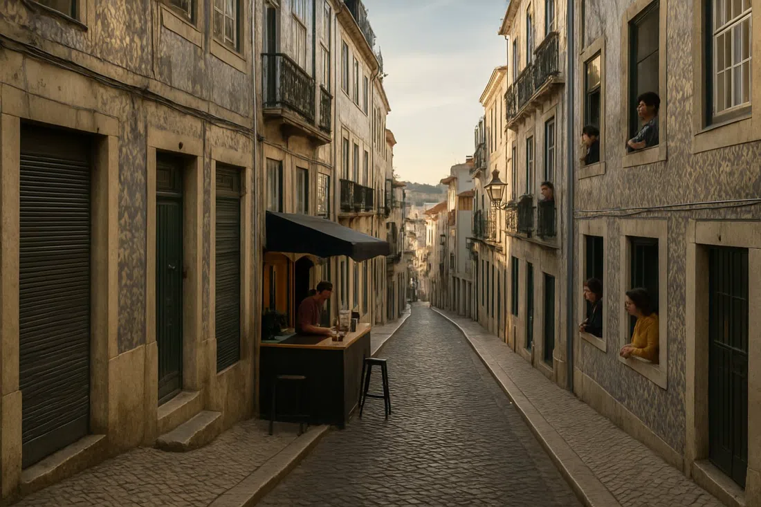 Rua da Rosa in Bairro Alto at late afternoon, shuttered shopfronts, a coffee counter and residents leaning from azulejo-fronted windows on the steep grid
