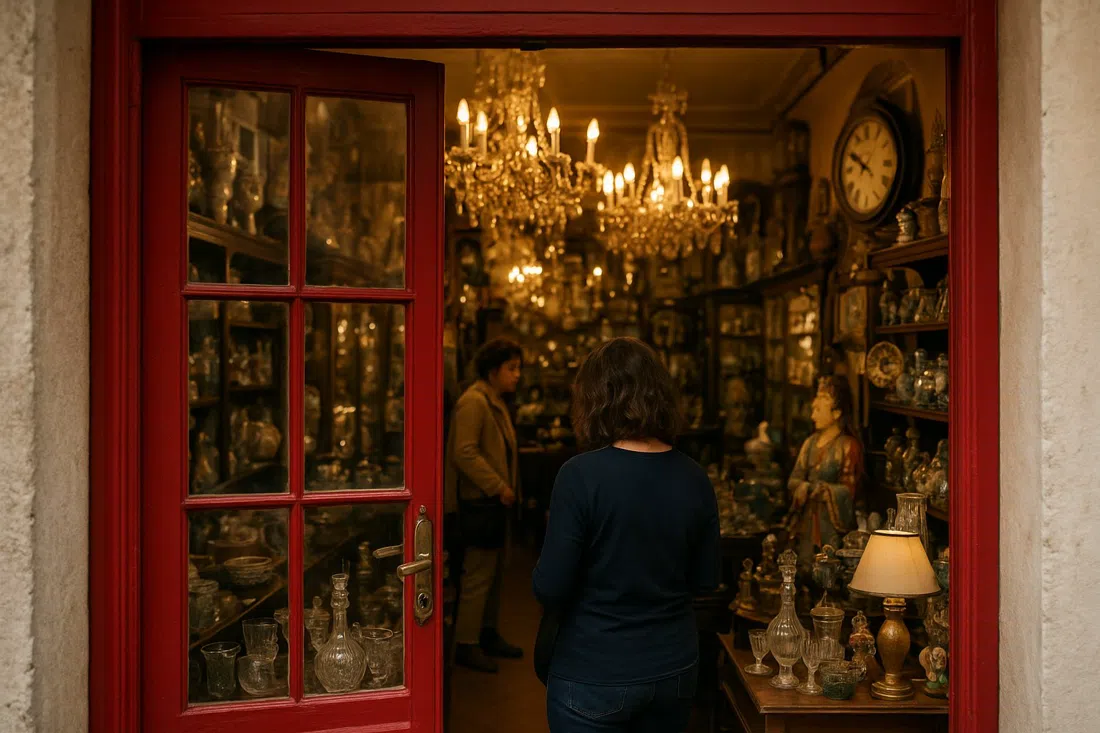 the red-door entrance and chandelier-lit salon atmosphere inside Pavilhão Chinês, crowded with vintage curiosities and glassware