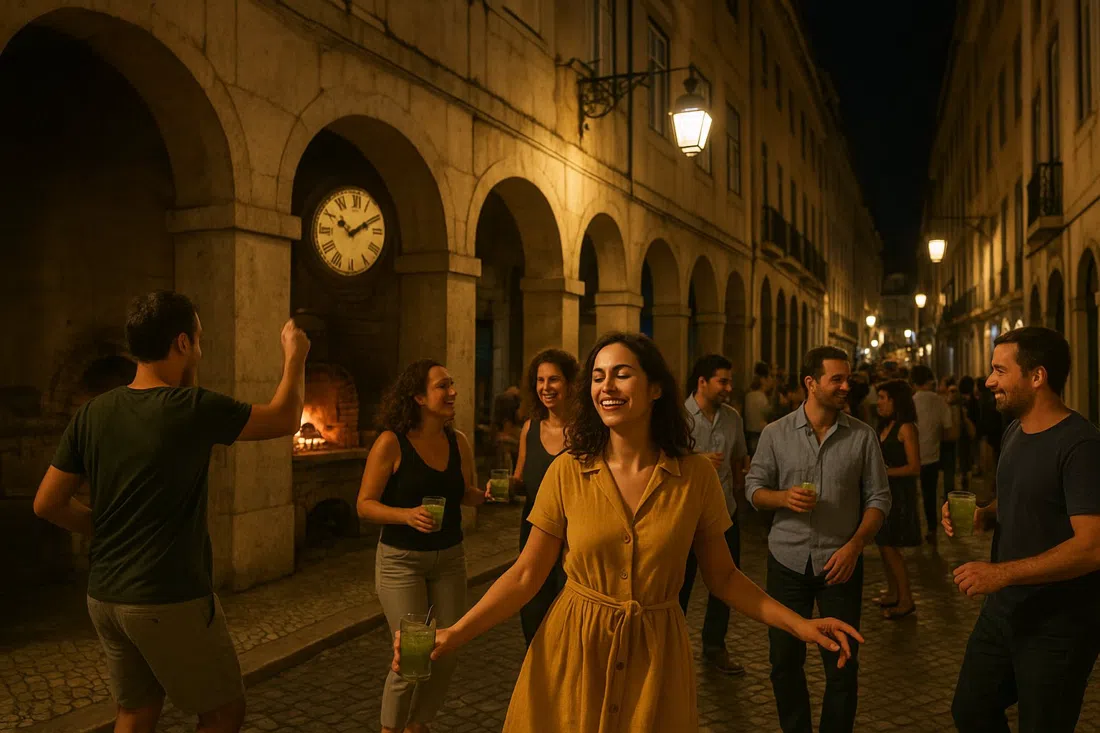 Maria Caxuxa on Rua da Barroca at night, stone arches, the old wood-fired oven visible and a small crowd dancing with caipirinhas