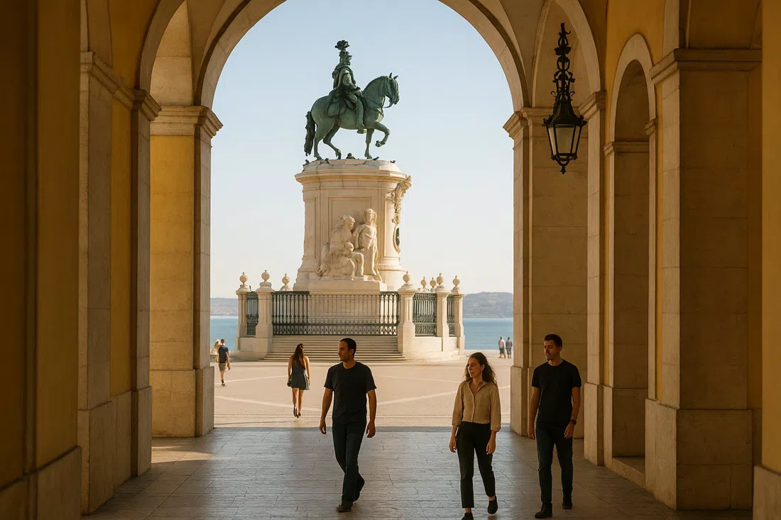 Praça do Comércio in late afternoon light, yellow arcades framing the bronze equestrian statue of King José I with the Tagus beyond