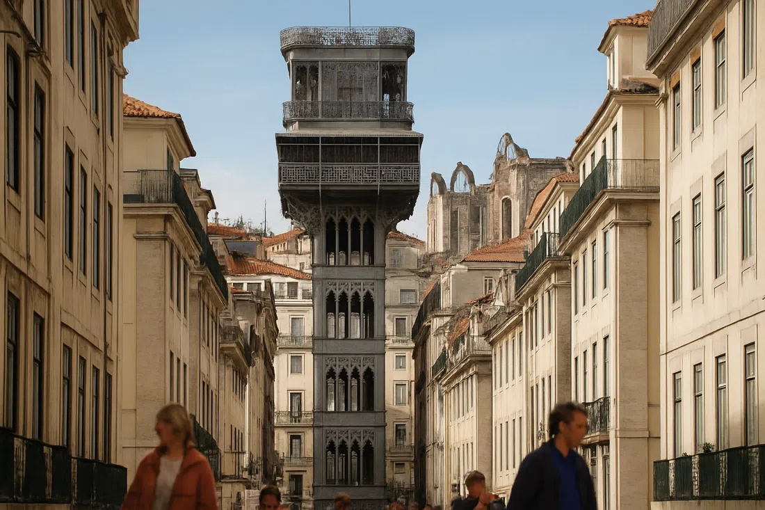 the Santa Justa Lift’s wrought-iron neo-Gothic tower rising above Baixa, with the roofless Carmo Convent visible beyond