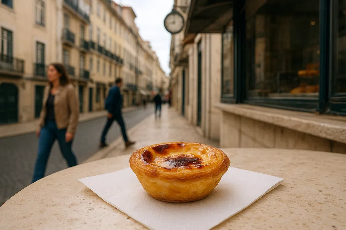 a warm pastel de nata from Manteigaria on a paper napkin, glossy custard with caramelised top beside the Rua do Loreto counter