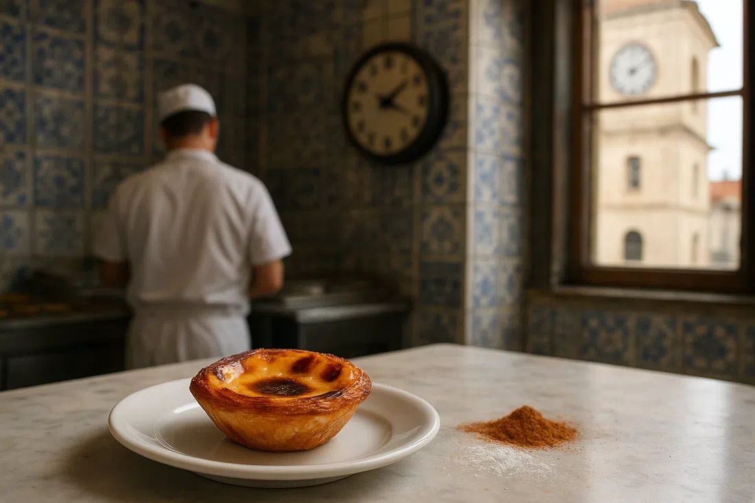 a warm pastel de Belém on a white plate inside the bakery's tiled back rooms, with cinnamon and icing sugar on the table