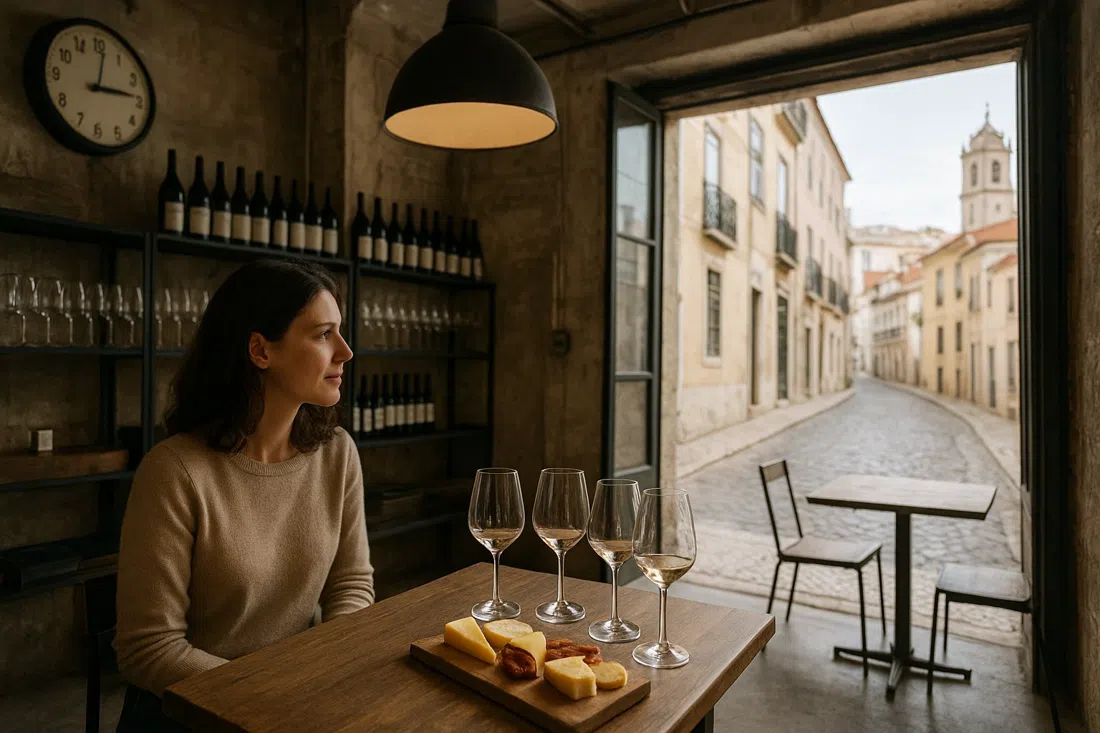 the intimate tasting room at Adega Belém Urban Winery in a converted garage, with wine glasses, cheese board and industrial details