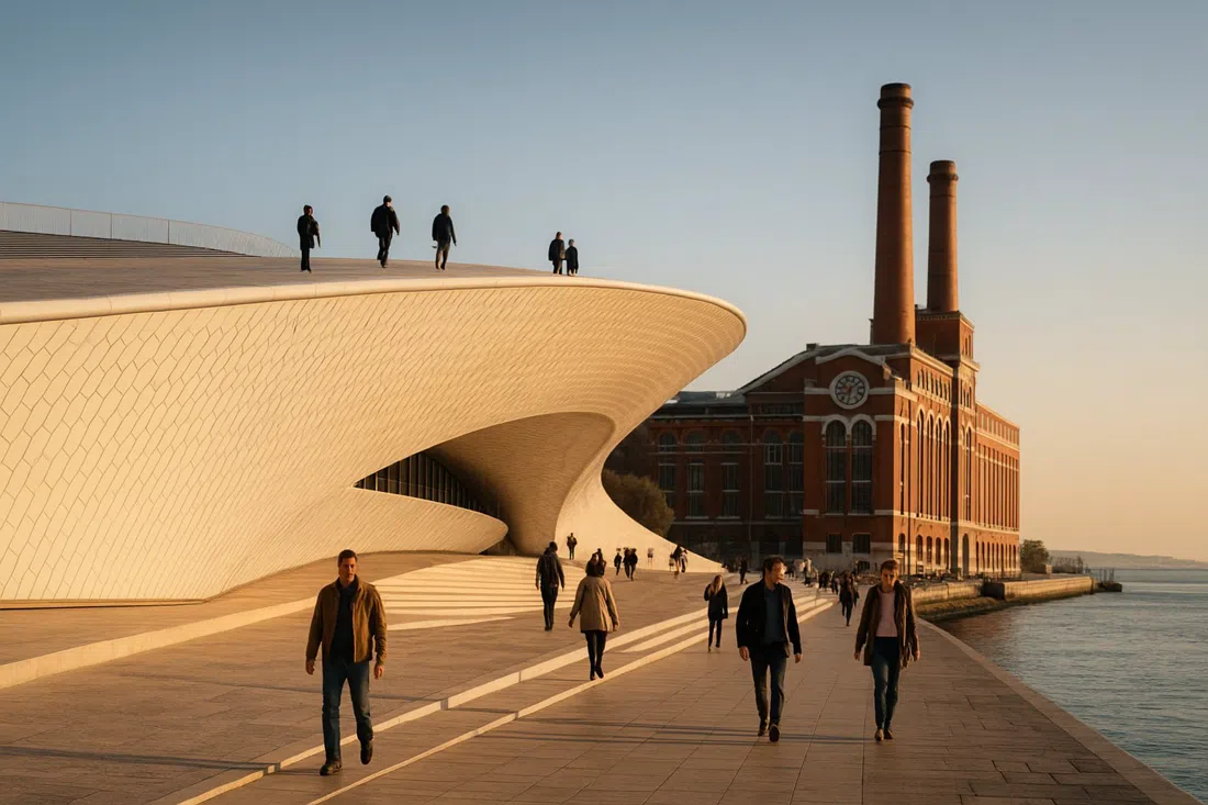 MAAT's tiled wave building on the Belém waterfront at late afternoon, with the old Tejo power station beside it and people walking over the roof