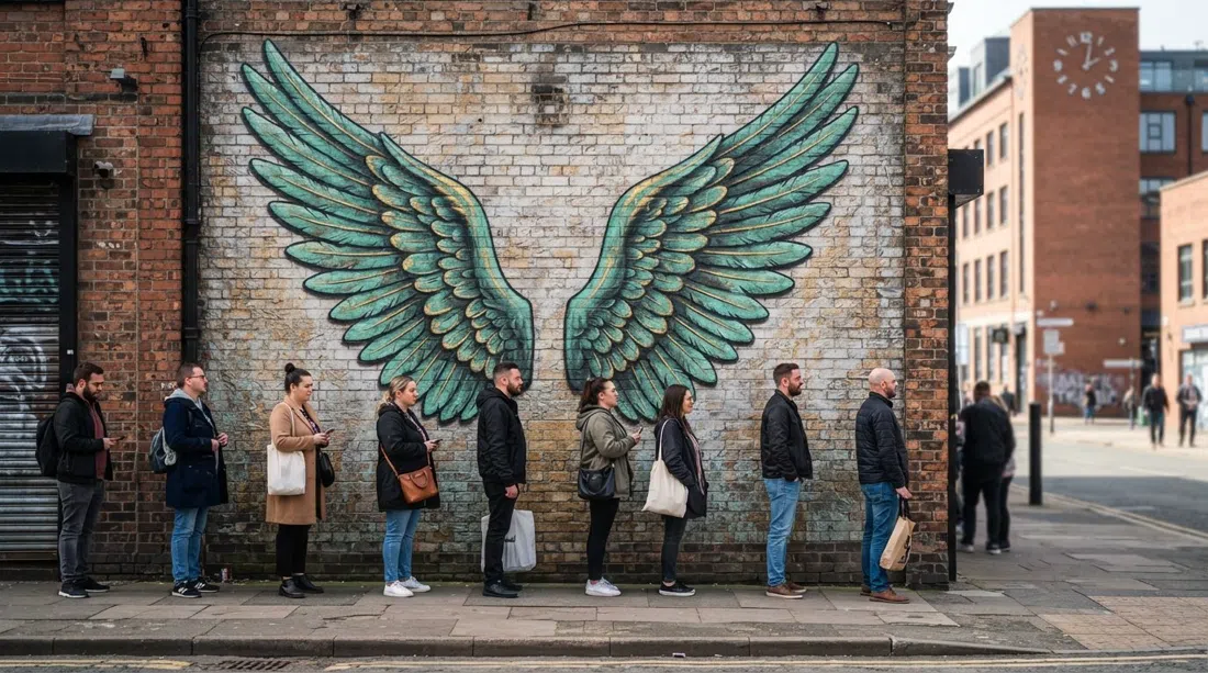 Paul Curtis’s copper-green Liver Bird wings mural on Jamaica Street, shot straight-on with people queuing beneath it on a bright afternoon