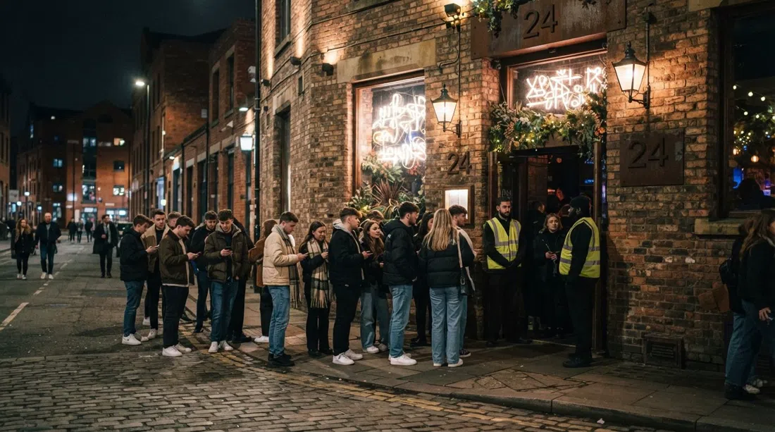 the exterior of 24 Kitchen Street on a night out, warehouse frontage lit up with a queue forming outside