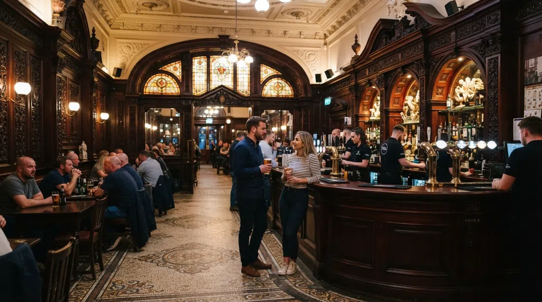 the ornate interior of The Philharmonic Dining Rooms on Hope Street, with carved mahogany, stained glass, mosaic floor and warm pub light