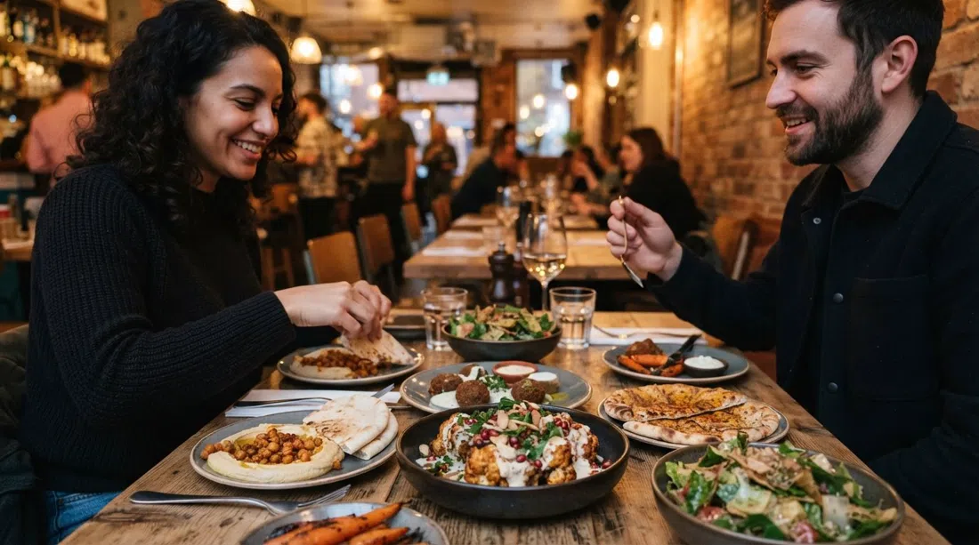 a table of Middle Eastern small plates at Maray on Bold Street, including the signature Disco Cauliflower on a shared dining table under warm restaurant lighting