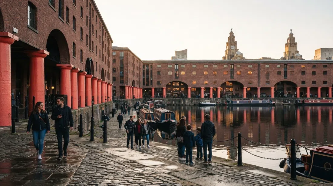 the Royal Albert Dock’s deep-red Victorian warehouses and cast-iron colonnades around still water, late afternoon light reflecting off the quay