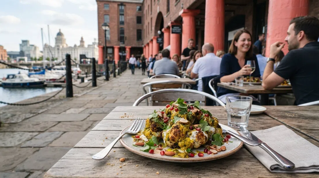 a plate of Maray’s Disco Cauliflower with chermoula, harissa and tahini, set on a dockside table beside the waterfront colonnade