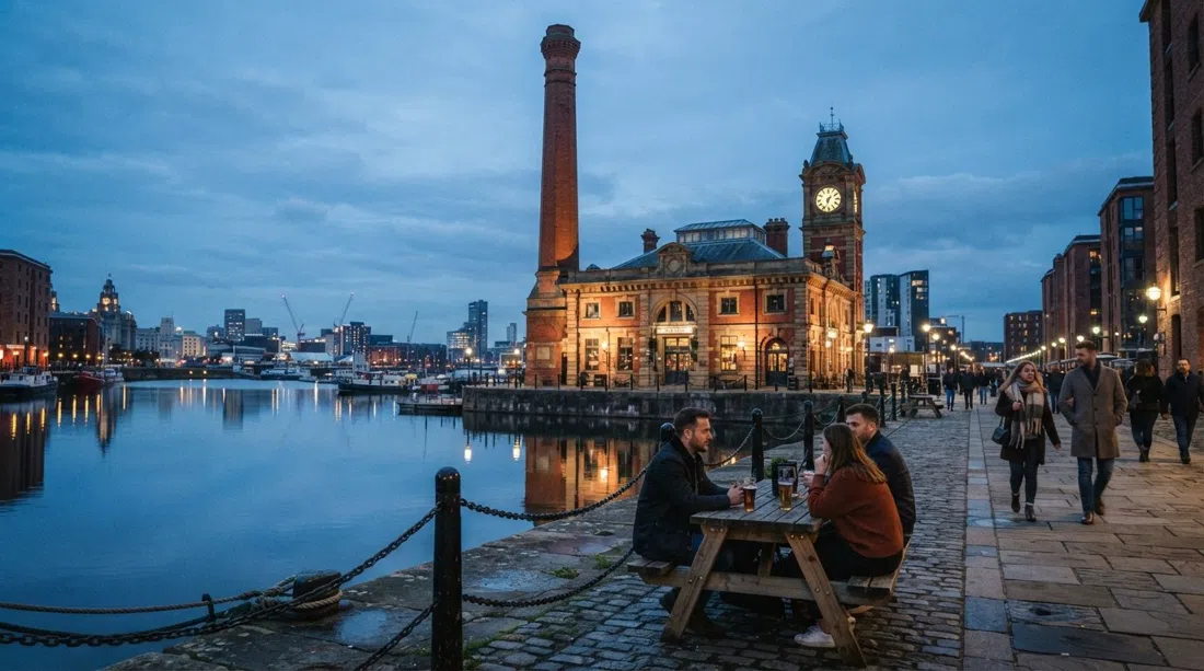 the Pump House beside the dock water at dusk, old chimney rising above the Grade II listed Victorian pumping station