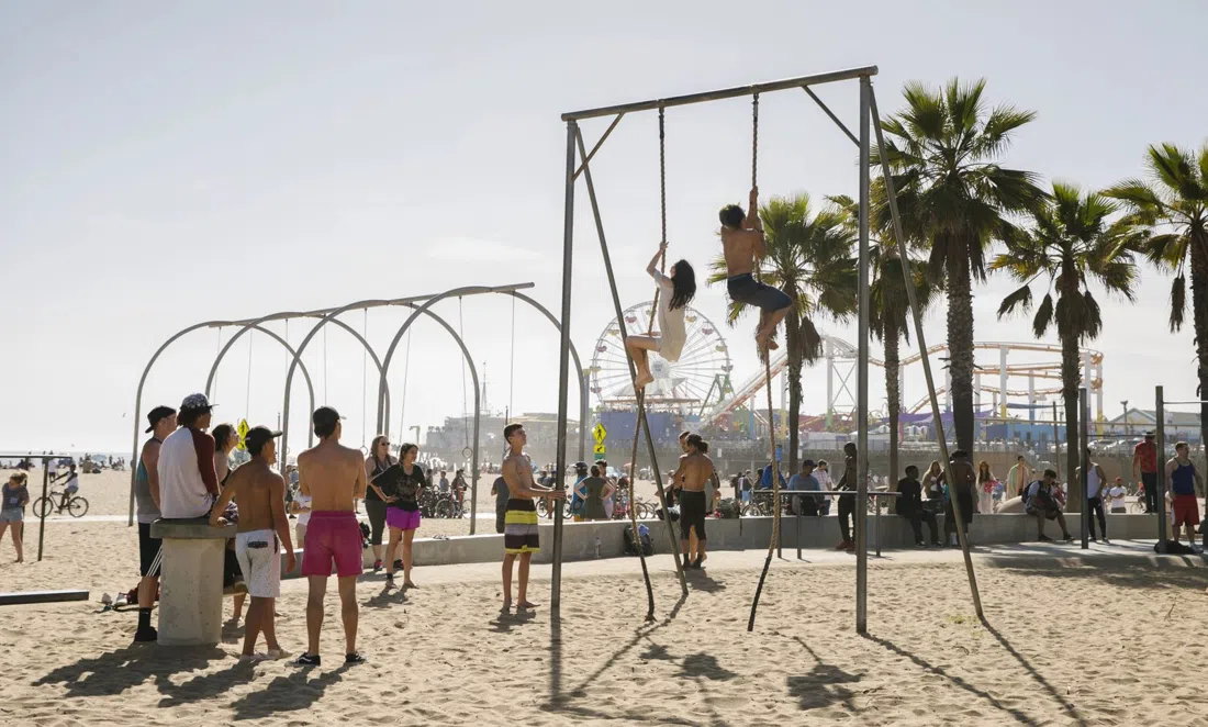 Muscle Beach outdoor weights pen near the pier