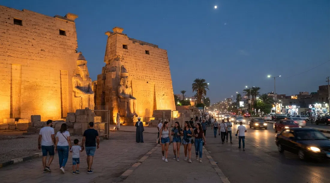 Luxor Temple at dusk in downtown Luxor, the colossal Ramses statues glowing under floodlights with the Corniche traffic just beyond