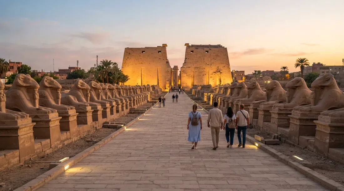 the Avenue of Sphinxes in Luxor at golden hour, rows of ram- and human-headed sphinxes stretching along the restored ceremonial road