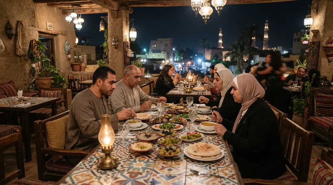 Sofra Restaurant & Café in Luxor, a lamp-lit rooftop room in a restored 1930s house with tiled tables and mezze on the table