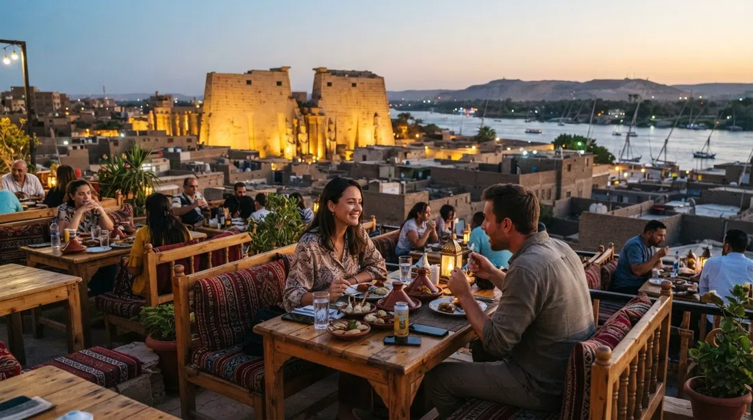 a rooftop dinner at Al-Sahaby Lane in Luxor at sunset, with Luxor Temple floodlit in the background and the Nile beyond