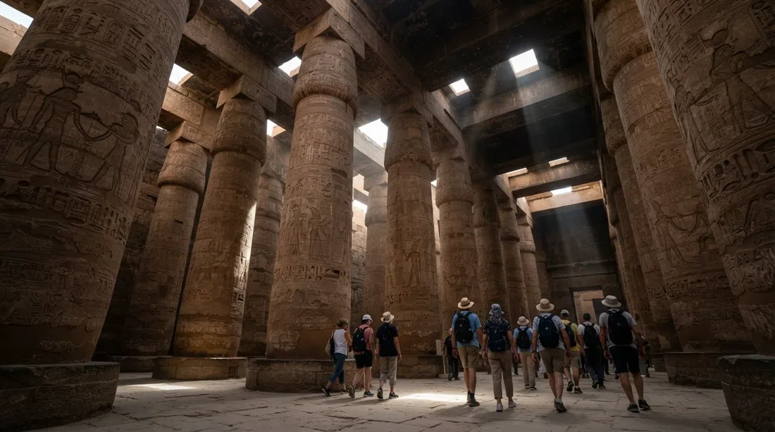 the Great Hypostyle Hall at Karnak Temple in Luxor, towering 134 columns seen from a low angle with shafts of light and shadow