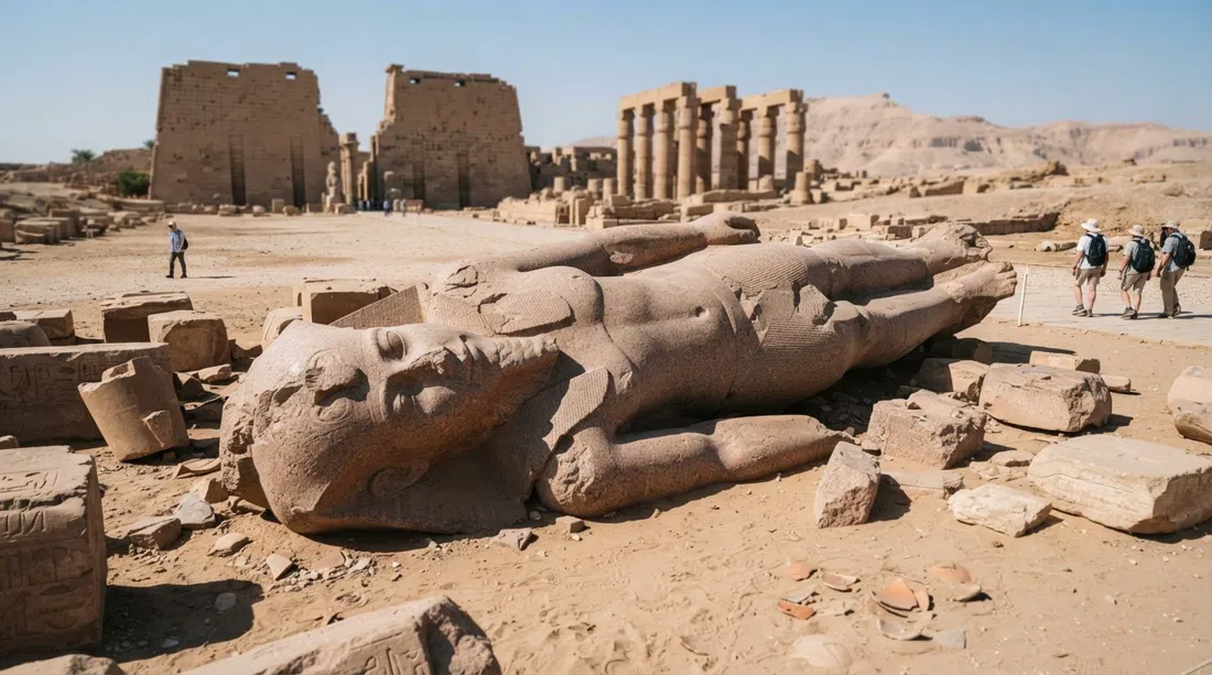 the fallen colossal statue at the Ramesseum lying broken in the sand, fragments and stone blocks under bright desert sun with almost no visitors