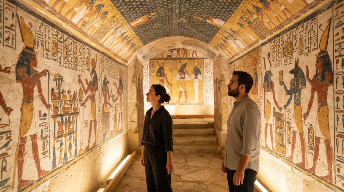 the painted interior of Sennedjem’s tomb at Deir el-Medina, vivid wall scenes glowing under soft electric light with figures and hieroglyphs intact