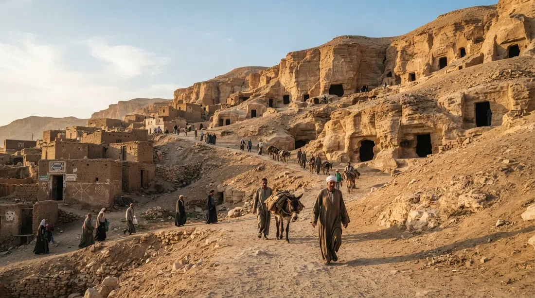 the hillside approach to Sheikh Abd el-Qurna with rock-cut tomb entrances in the Theban cliffs and dry golden light at the end of the afternoon