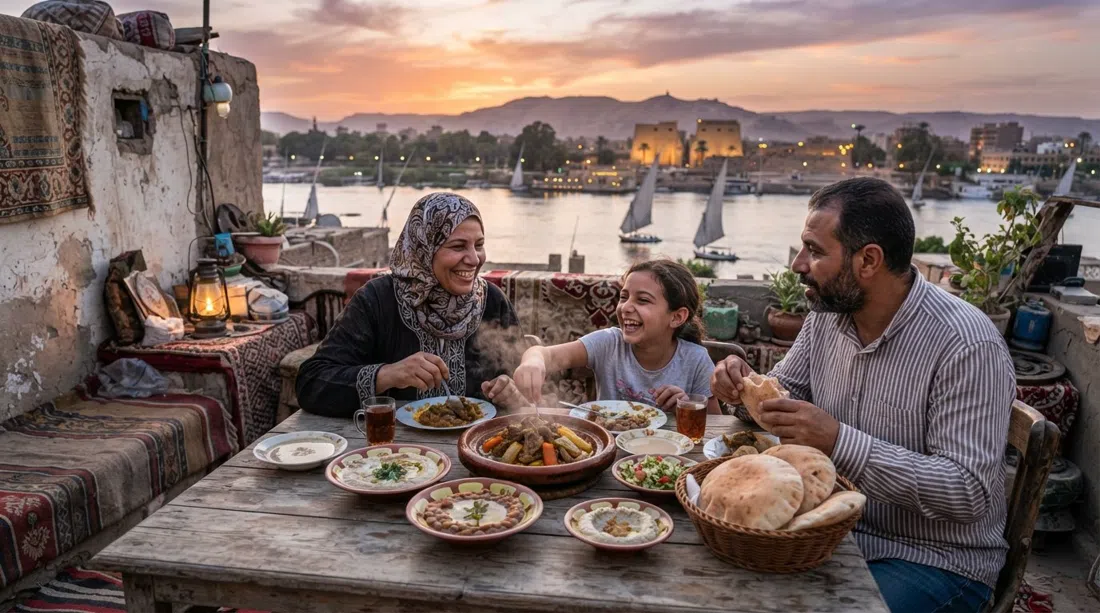 a rooftop home-cooked Egyptian dinner in Ramlah with baladi bread, fuul and tagine served at sunset, the Nile and East Bank visible beyond