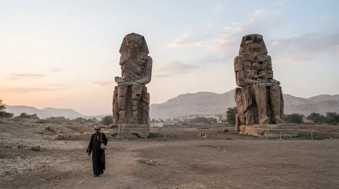 the Colossi of Memnon at first light, two massive quartzite statues rising from the West Bank plain with pale dawn sky and no crowds