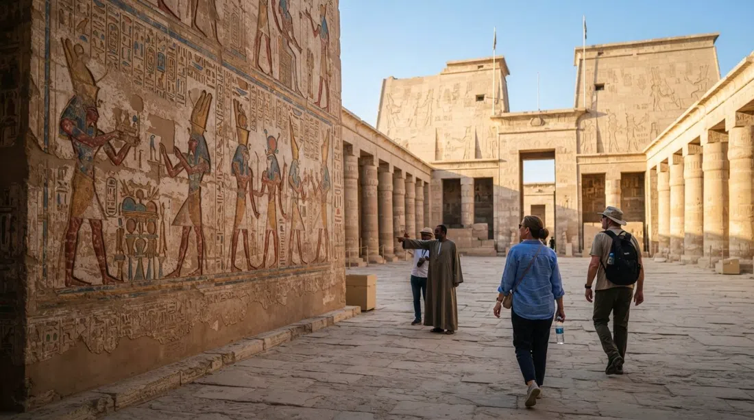 Medinet Habu’s painted reliefs in warm side light, showing vivid colours on the temple wall with the massive entrance pylons behind