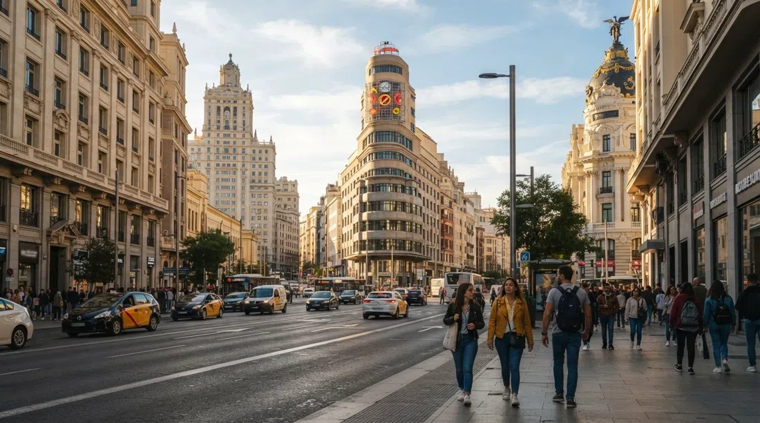 Gran Vía looking west toward the Edificio Carrión with the Schweppes sign, the Telefónica tower and the Metrópolis dome catching the afternoon light