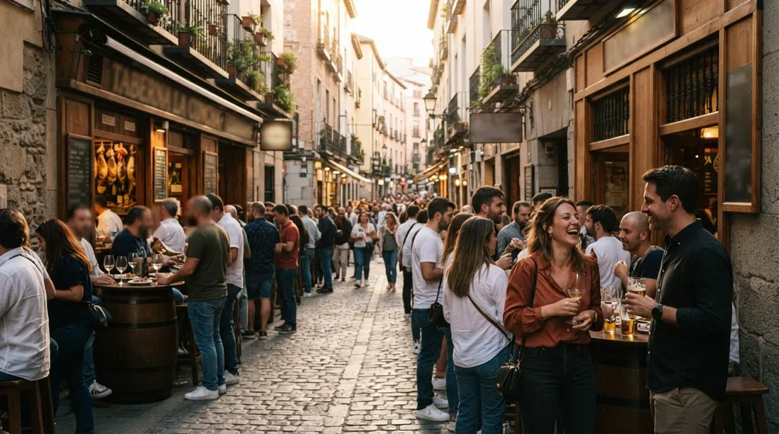 Calle Cava Baja in La Latina at late-afternoon golden light, narrow medieval lane lined with packed tabernas and people standing at the doors with drinks and tapas