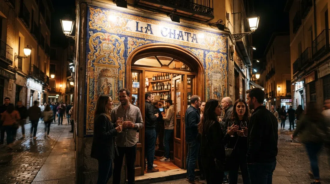 La Chata on Cava Baja in La Latina, hand-painted tiled facade glowing in warm street light with the taberna entrance busy at the door