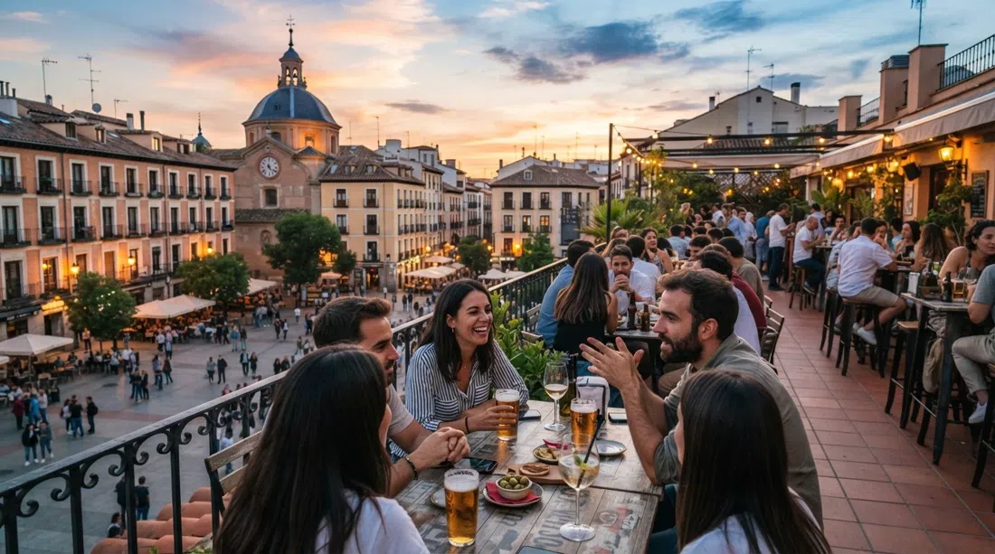 El Viajero rooftop terrace on Plaza de la Cebada at sunset, tables overlooking the square with warm light and people gathered for drinks