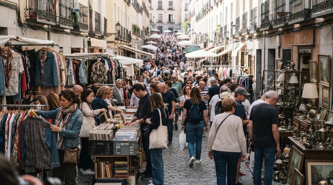 El Rastro on Calle Ribera de Curtidores on a Sunday morning, dense market crowd browsing vintage clothes, vinyl records and antique stalls under bright daylight
