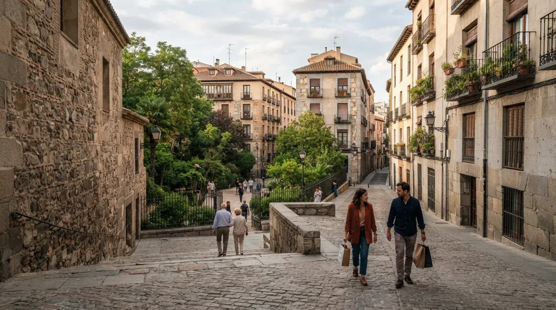 Plaza de la Paja in La Latina, quiet medieval square with soft afternoon light, the hidden Jardín del Príncipe de Anglona below and old stone walls around it
