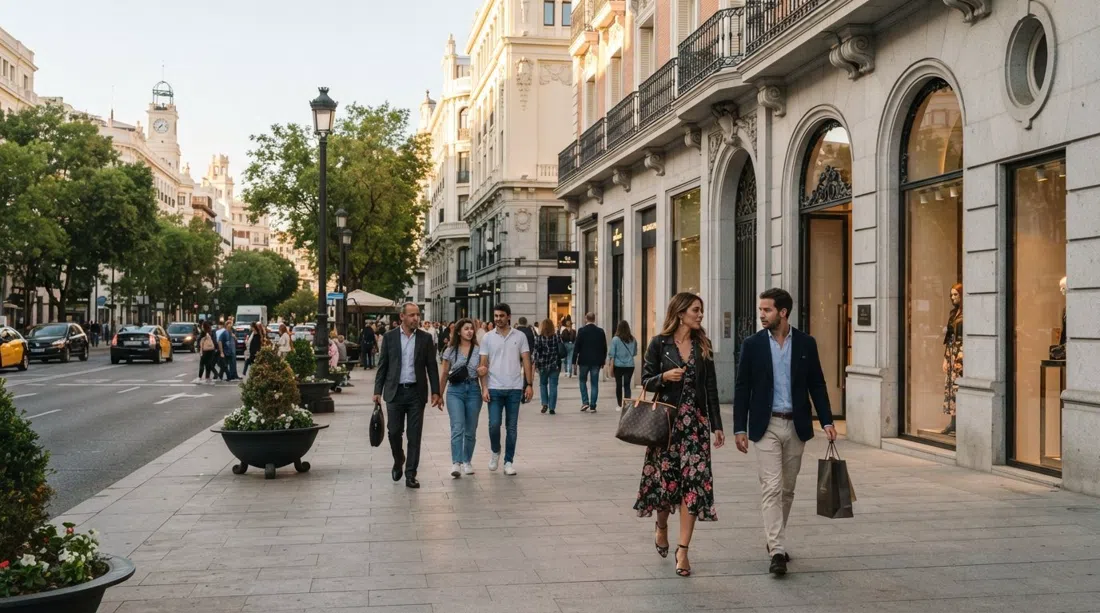 Calle Serrano on the Golden Mile in Barrio de Salamanca, glossy luxury storefronts and broad pavements under late-afternoon light