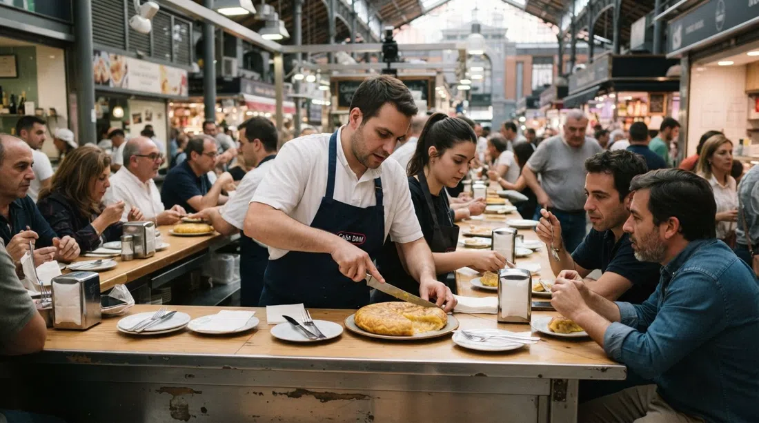 the counter at Casa Dani inside Mercado de la Paz, a runny tortilla de patata being sliced at lunch with market bustle around it